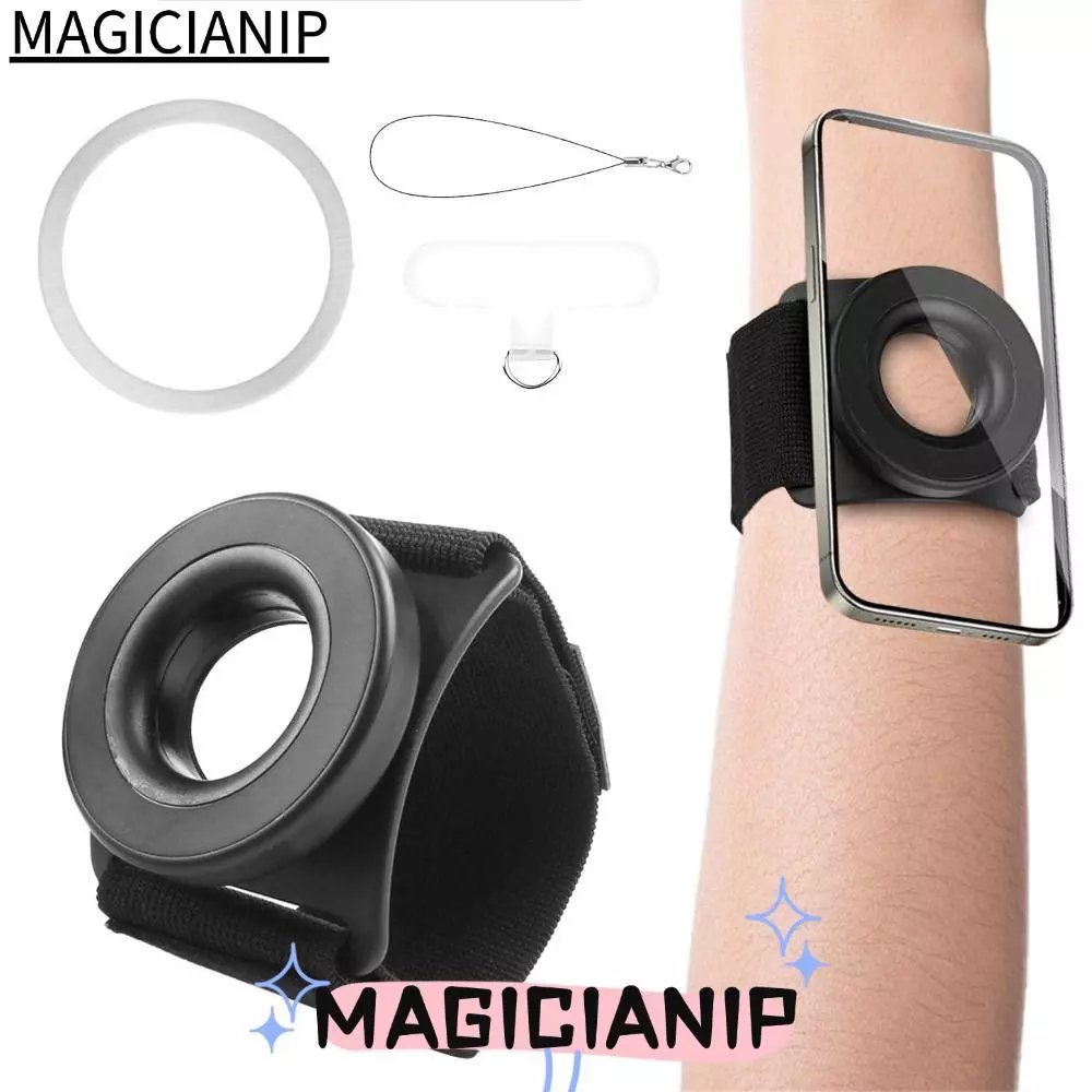 ขาตั้งโทรศัพท์มือถือ MAGICIANIP 360° หมุนได้สําหรับที่วางโทรศัพท์วิ่ง แม็กเซฟ, ระบบกันสะเทือนแม่เหล็กสากลแบบพกพาแขนโทรศัพท์มือถือสายรัดข้อมือขี่จักรยาน