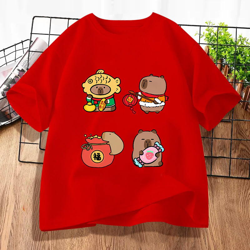 Lunar ปีใหม่น่ารักเสื้อยืดผ้าฝ้าย 100% วันหยุดแขนสั้น Baju 2026 CNY ม้าผู้หญิงเสื้อยืด 33
