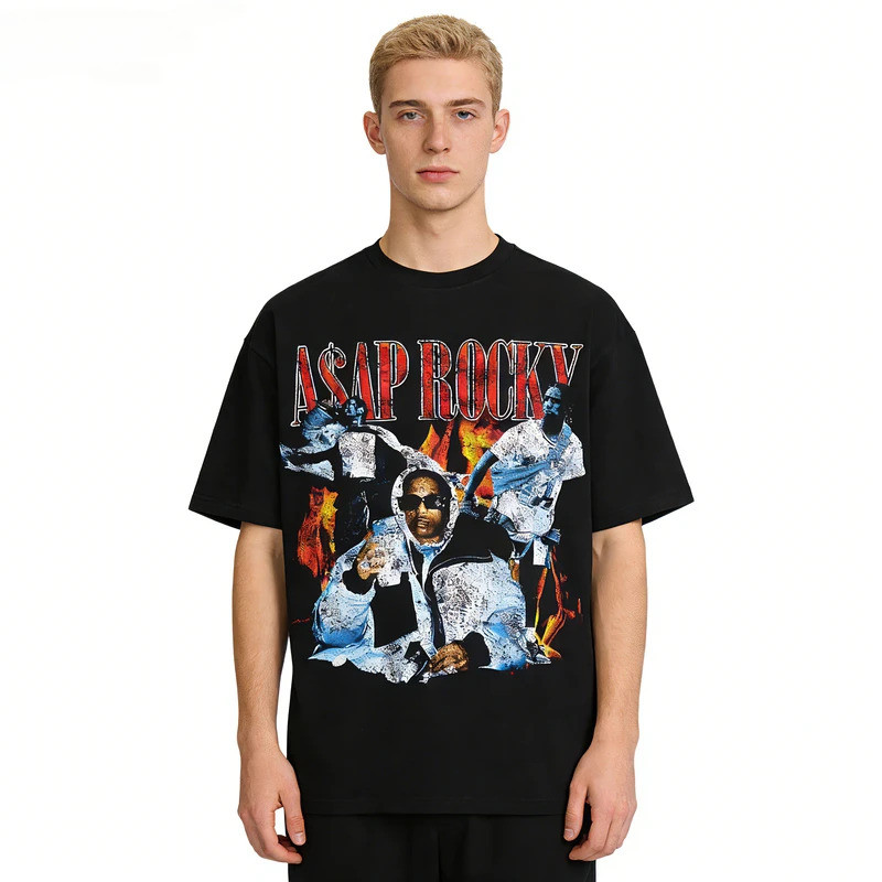 2026 ASAP A $AP ROCKY เสื้อยืดฮิปฮอปแร็พสไตล์สตรีทสำหรับผู้ชาย คอเล็ก แขนสั้น เนื้อผ้าหนา ใส่สบาย