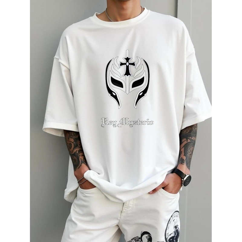 เสื้อยืดสีดําแขนสั้นมีสไตล์พร้อมหน้ากากลึกลับและพิมพ์ข้อความ Rey Mysterio เหมาะสําหรับกีฬา Jal