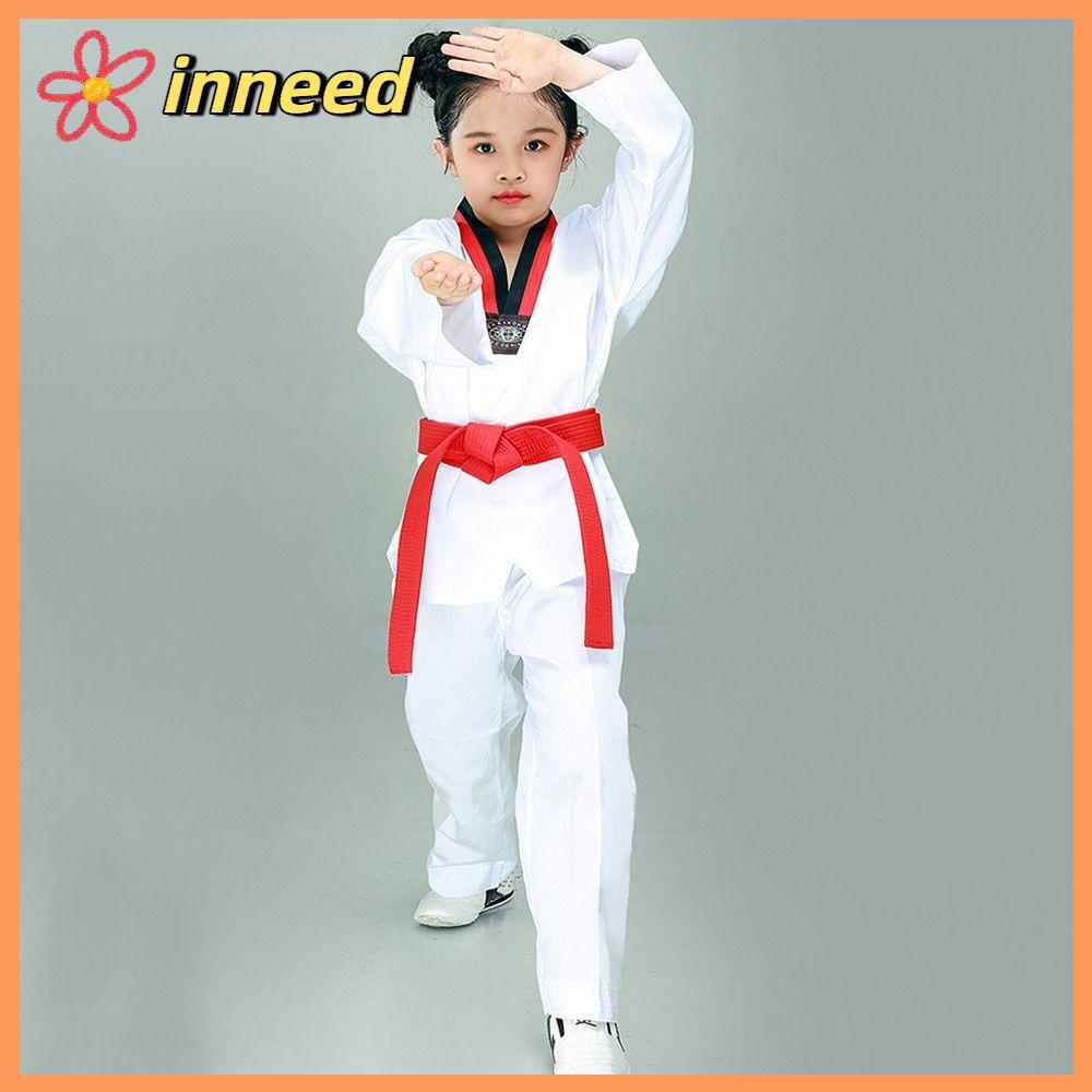 INNEED เด็ก TKD เครื่องแต่งกาย, ผ้าฝ้ายสีขาว Taekwondo เครื่องแบบ, แฟชั่นแขนยาว V คอ Breathable WTF 