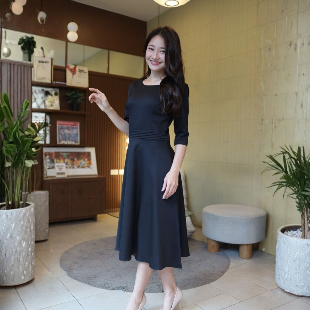 DR1950 เดรสผ้าอามีน่า แขน3ส่วน ทรง Skater