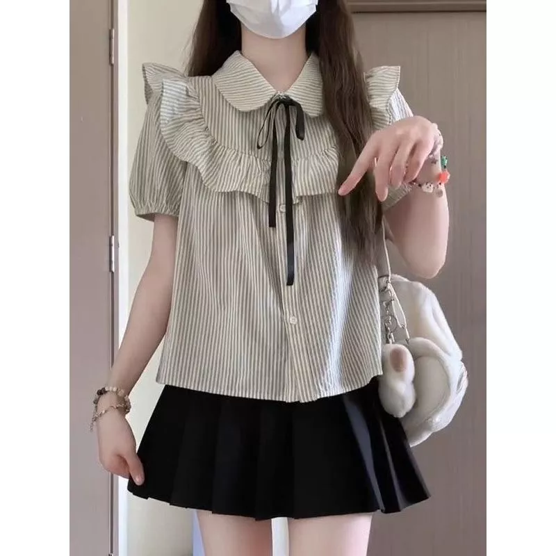 ส่งไวจากไทยBreezeS-2XL เกาหลีแขนสั้นตุ๊กตาคอปกเสื้อด้านบนผู้หญิงบวกขนาดเลดี้ฤดูร้อนเสื้อสั้นหลวม