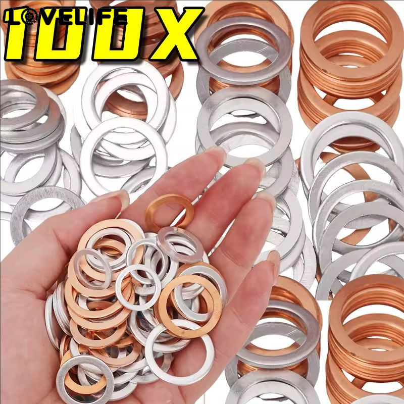 [AUTO&3C]100 ชิ้น/เซ็ต - ชุดปะเก็นท่อระบายน้ําน้ํามันป้องกันการรั่วไหล - ทองแดง/อลูมิเนียมไฮบริด M10-M18, เครื่องซักผ้าความทนทานสูงพร้อมความต้านทานน้ํามันสําหรับการบํารุงรักษารถยนต์