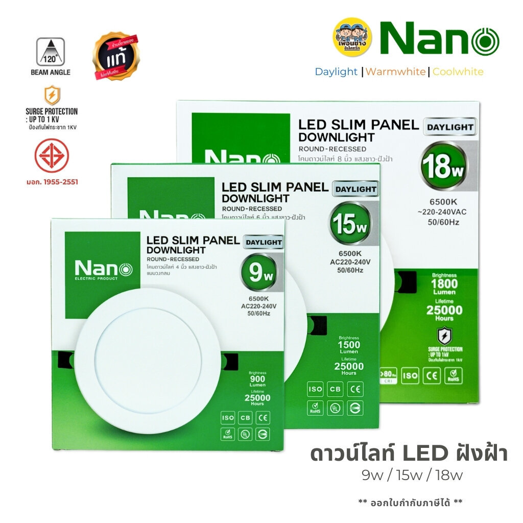 NANO ดาวน์ไลท์ แบบกลม 9W 15W 18W ขนาด 4" 6" 8" แบบฝังฝ้า โคมไฟ LED ฝังฝ้า Daylight Warmwhite Coolwhite ดาวน์ไลท์ฝัง