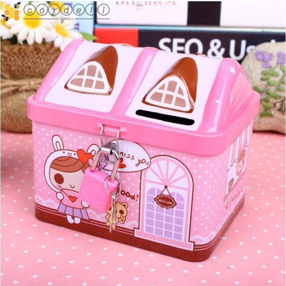 CORDELL House Coin Box, with Key Lock Cute House Shape Piggy Bank, Money Box Metal Creative Coin Saf