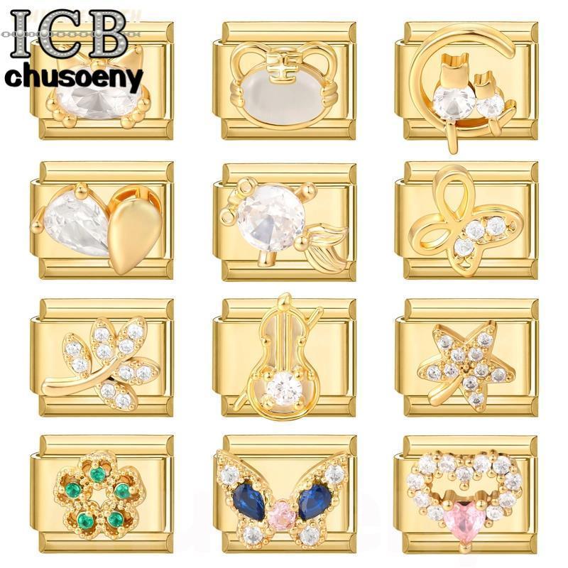 สร้อยข้อมือสแตนเลสทองคำ 3D เพชรอิตาเลียน charm ขนาด 9 มม. เหมาะสำหรับทำเองและเพิ่มสไตล์ให้คุณ