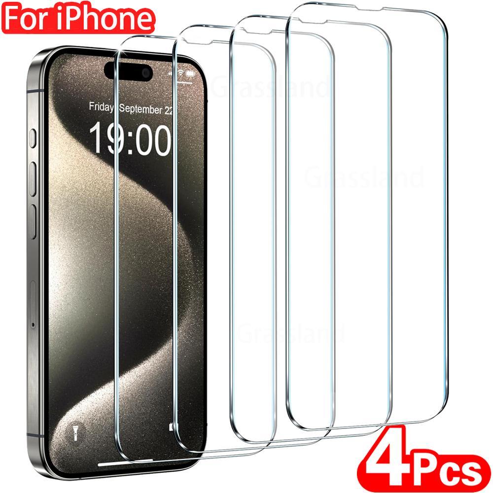 4PcsกระจกนิรภัยสําหรับiPhone 16 15 14 13 12 11 Pro Maxป้องกันหน้าจอสําหรับiPhone 7 8 Plus X XS Max X