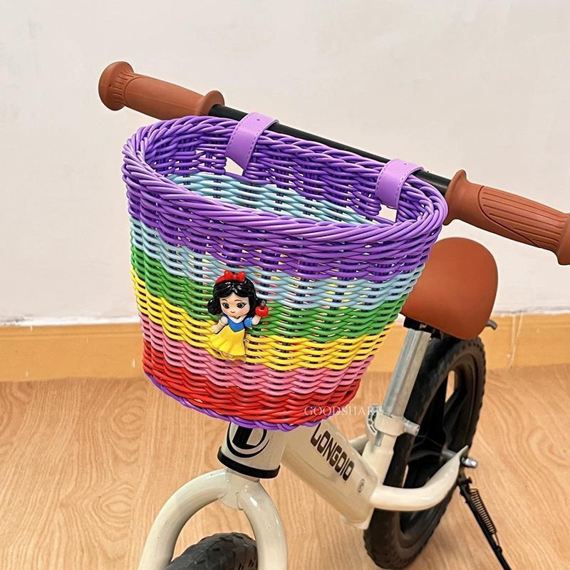JUA Children's bicycle basket, cute cartoon Kuromi retro woven balance bike, scooter front basket ac