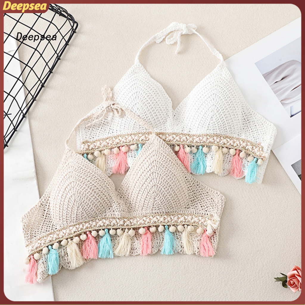 DPA ผู้หญิงบิกินี่ Super Breathable ถัก V คอสปาเก็ตตี้พู่ Hollow Out ชุดว่ายน้ําฤดูร้อน Tops Beachwe