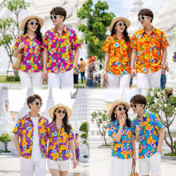 เสื้อเชิ้ตลายดอกคอตตอน 100% สีไม่ตก ไม่หด: เลือกไซส์หญิงชายที่ใช่