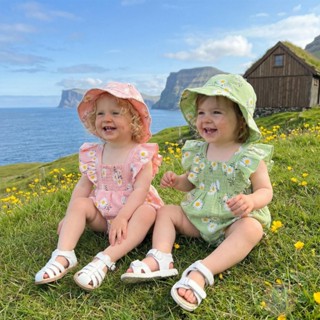 LAA6 - ชุดRomperลายดอกไม้และหมวกสำหรับเด็กทารก แบบคอเหลี่ยมแ…