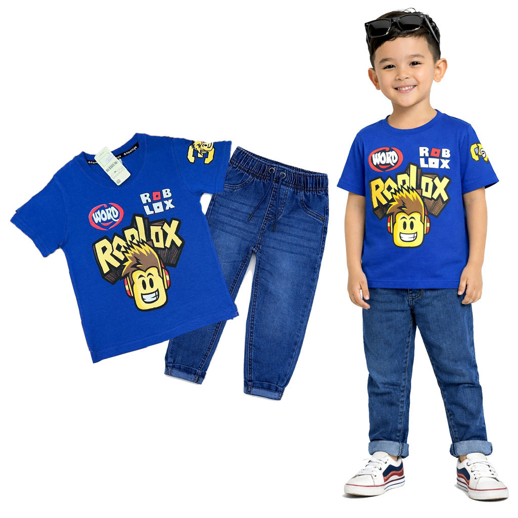 (6M-2Y) ROYAL BLUE Boys Ro-Blox Shirt and Jeans Set ชุดยีนส์เด็ก/ชุดยีนส์เด็ก