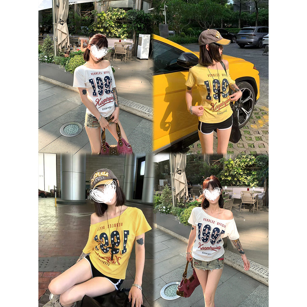 <Moses Queen> เสื้อยืดแขนสั้นเปิดไหล่พิมพ์ลายดาวสไตล์เรโทรอเมริกันสำหรับผู้หญิง ทรงหลวมๆ สไตล์สาวฮอต สุดชิค