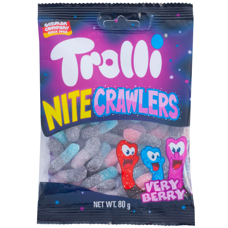 ทรอลลี่ไนท์ครอเลอร์วุ้นเจลาตินสำเร็จรูปกลิ่นเบอร์รี่ 80ก Trolli Nite Crawlers Very Berry 80g [692542