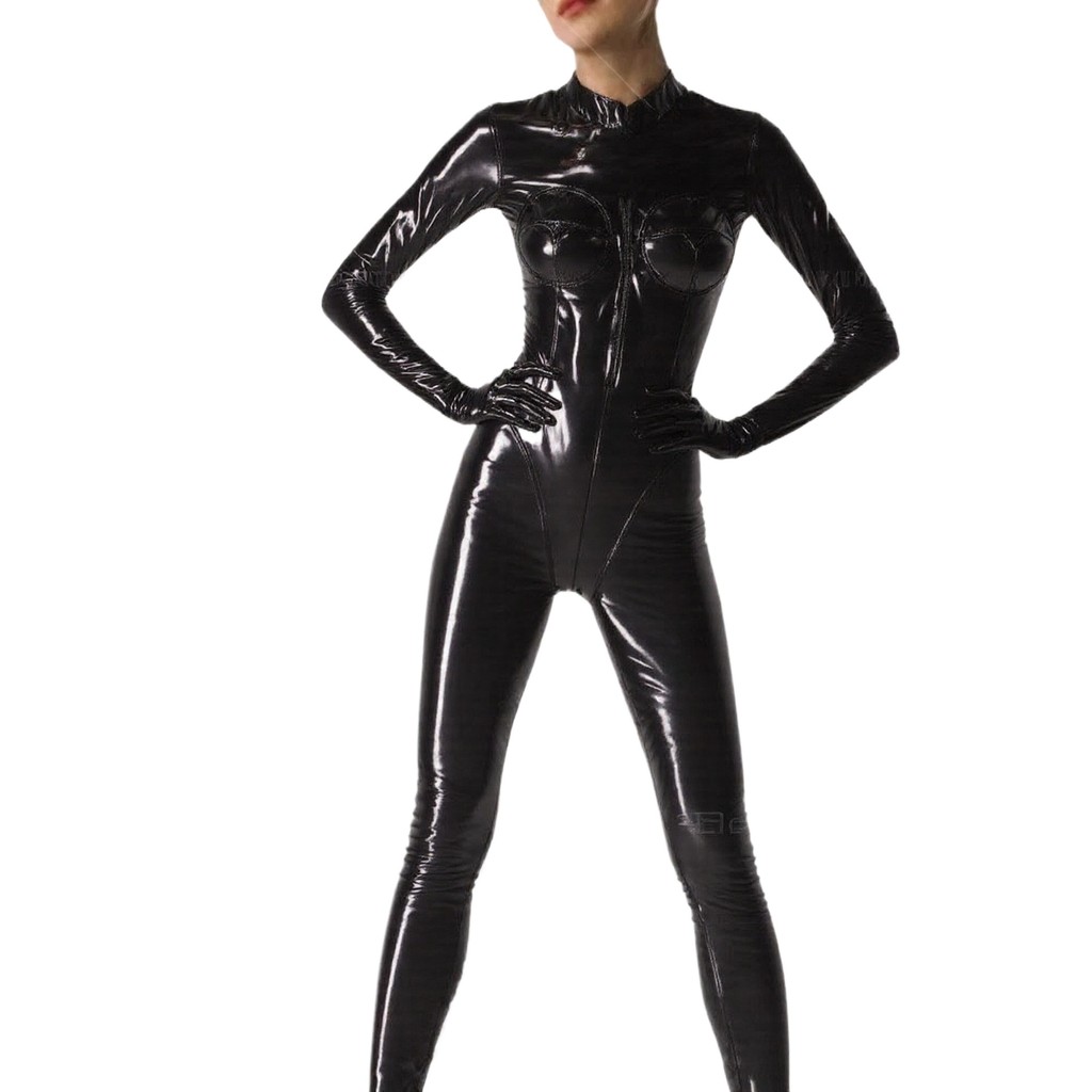 MGQ28 เงาสีดํา Faux Latex Full Body Catsuit ผู้ใหญ่บทบาทเล่นเครื่องแต่งกายสําหรับปาร์ตี้ฮาโลวีนและคอ