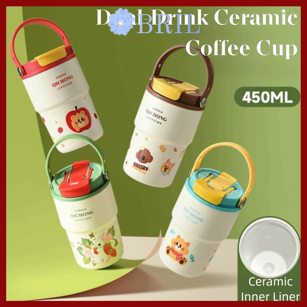 BRIL แก้วน้ําสุญญากาศ, ซับเซรามิก หลอดดื่มคู่ ถ้วยฉนวน, ด้ามจับ 450ML Coffee Cup Travel