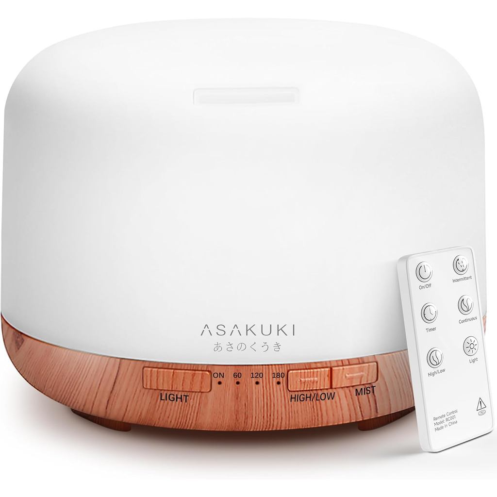 ASAKUKI 500ml Essential Oil Diffuser, 5 In 1 Ultrasonic Aroma Scented Oil Diffuser Vaporizer Humidif