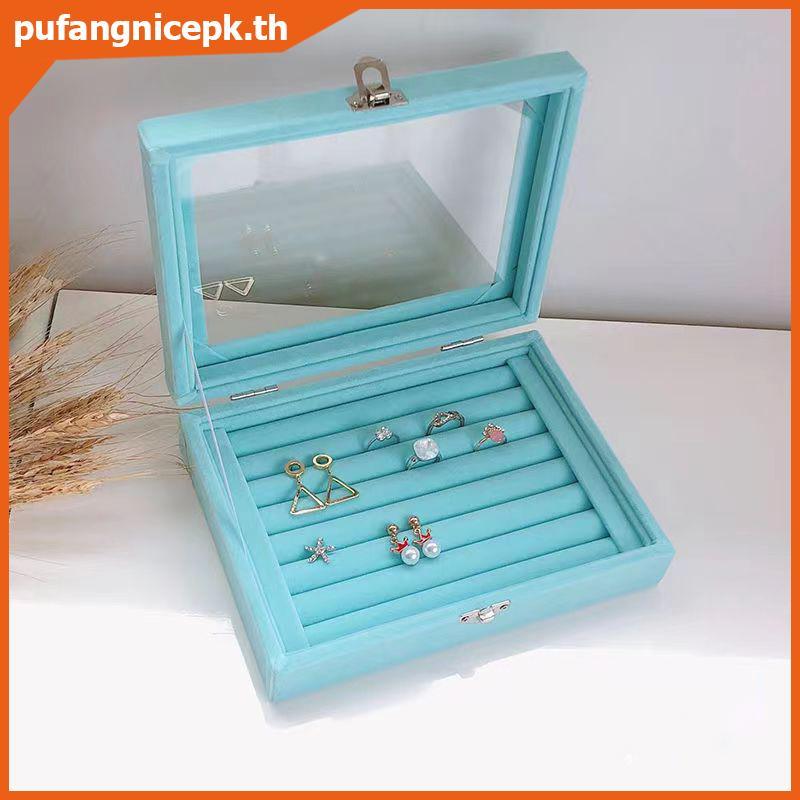 PUCEPK กํามะหยี่แหวนกล่องเครื่องประดับแสดงกรณีจัดเก็บแหวนต่างหูกล่องกันฝุ่นโปร่งใสพลิกฝากล่องเครื่องประดับ.