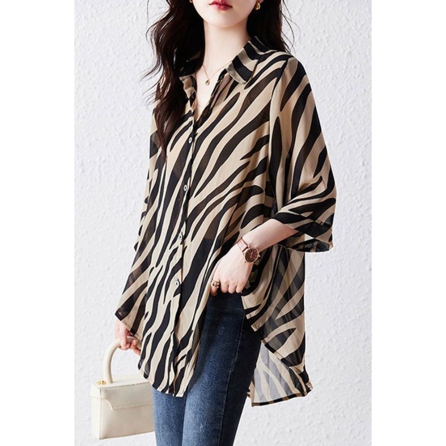 Three-Quarter แขนลายครีมกันแดดเสื้อผ้าเสื้อชีฟองผู้หญิง Zebra รูปแบบเสื้อหลวมน้องสาวอ้วนปก Belly Sli