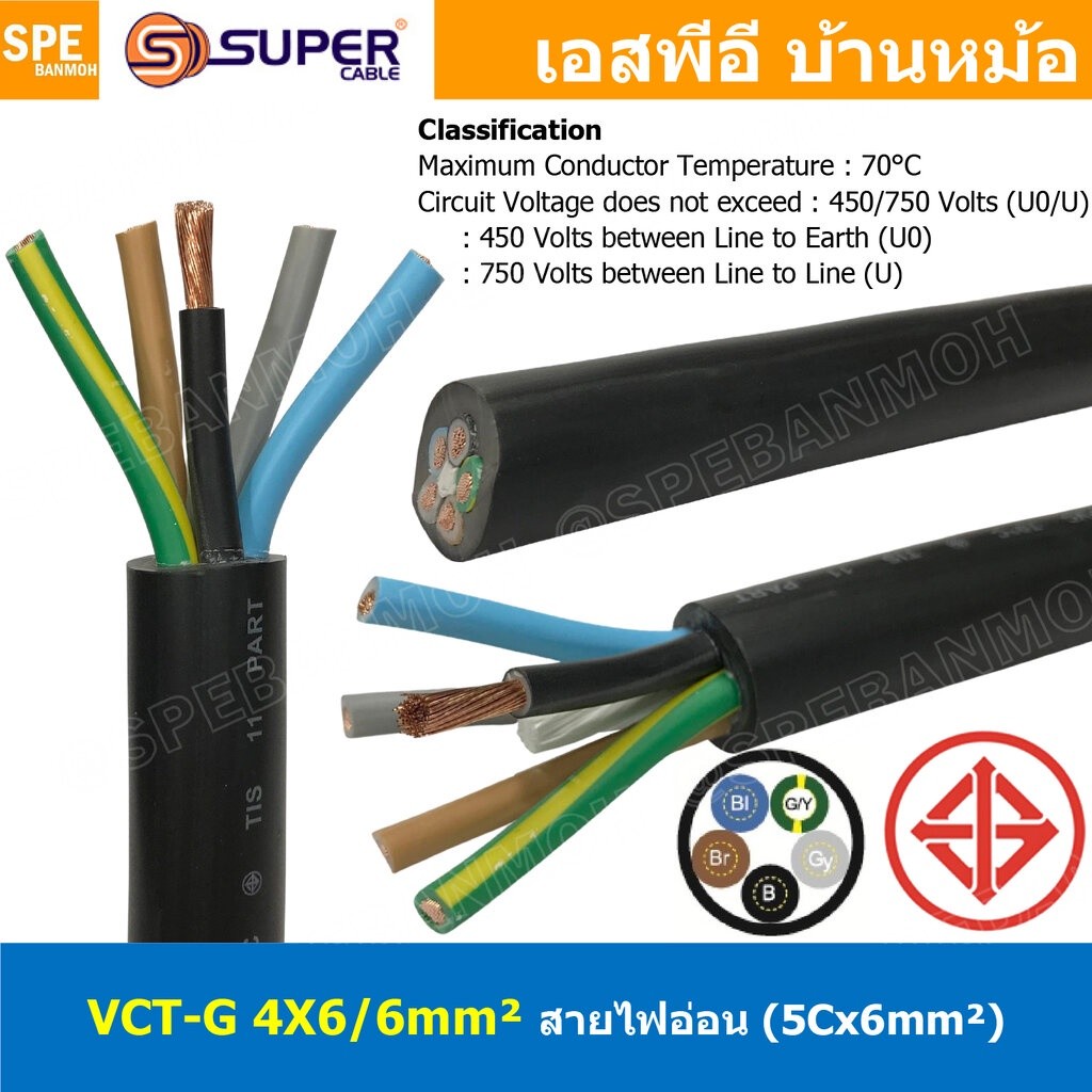 [ 1 เมตร ] VCT-G 4X6.0/6.0 สายคอนโทรลและสายอ่อน 4 คอร์ + กราวด์ x 6.0 sq.mm VCT 4C+GRD VCT 5คอร์ VCT
