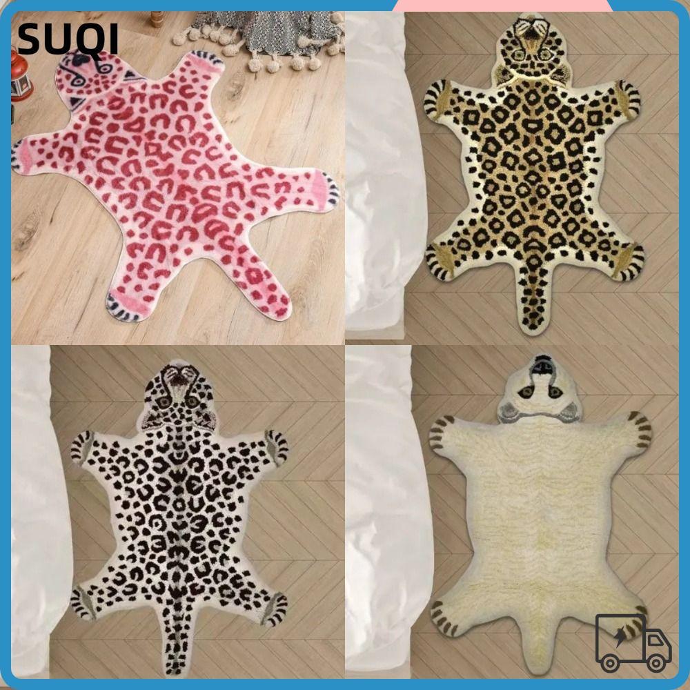 SUQI สีชมพู|พรม ลายการ์ตูนเสือดาว|พรมเช็ดเท้า, พรมปูพื้นห้องนอนดูดซับลายทางที่ทนต่อการสึกหรอที่สร้างสรรค์ตกแต่งบ้าน