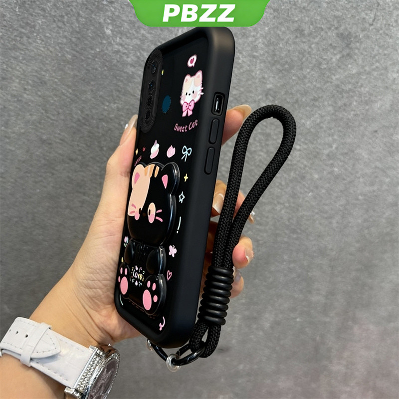 PBZZ 3 in 1 สําหรับ Realme 5 c3 5i 6i REALME 6 PRO 5 pro เคสโทรศัพท์ Softcase Cover ดีไซน์ใหม่ความงามน่ารักแมวแต่งหน้ากระจกผู้ถือและเชือกเส้นเล็กสําหรับสาว JTDTMZJ01
