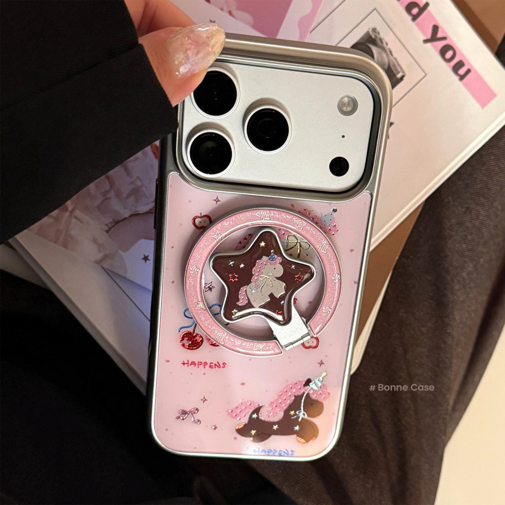 Ins สีชมพู Bowknot Horse Star รูปพับแม่เหล็กผู้ถือกรณี iPhone สําหรับ iPhone 17 Pro Max 17 Pro 17 Air 17 16 15 14 13 ป้องกันรอยขีดข่วน Hard PC ปกหลัง