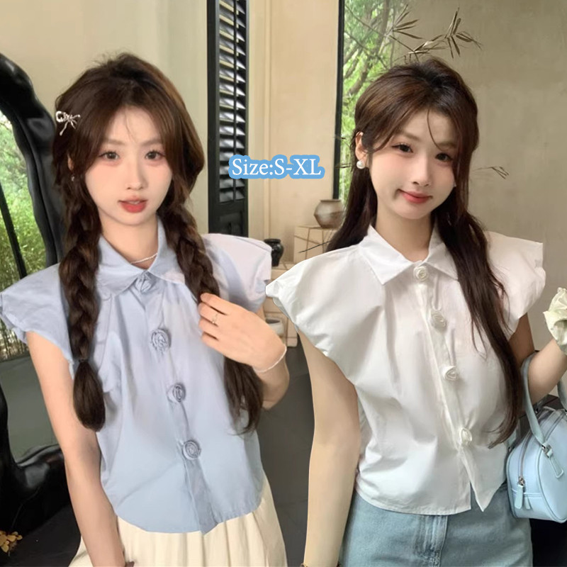 BG เสื้อโปโลคอปกแขนพองลายดอกกุหลาบสุดโรแมนติกและหวานซึ้งจากดีไซน์สวยงามช่วยให้ดูผอมเพรียว เหมาะสำหรับสว#W590