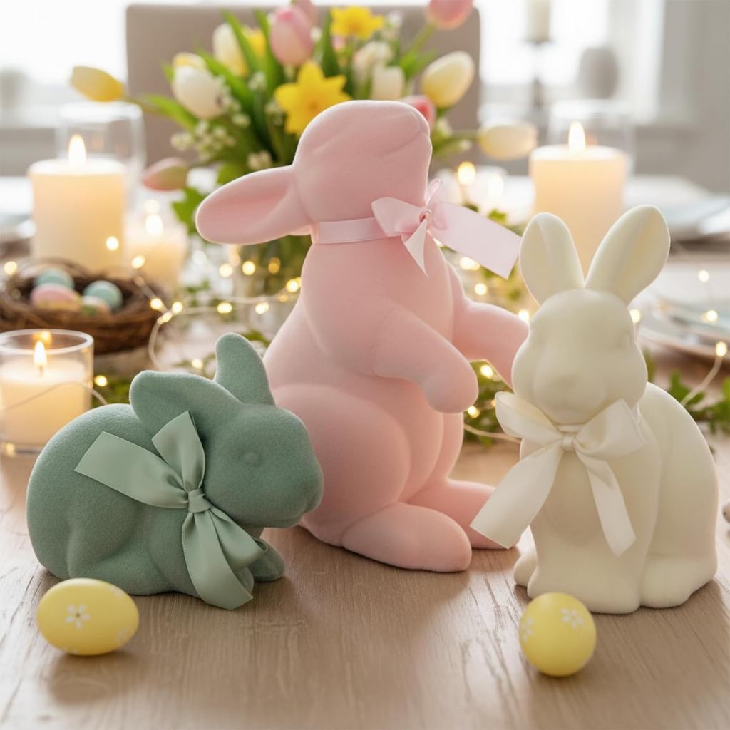 Lanpn 3PCS Flocked Bunny ตกแต่งอีสเตอร์, Multi-Posed Pastel Rabbit ตุ๊กตาสําหรับชิ้นกลางอีสเตอร์, ฤด