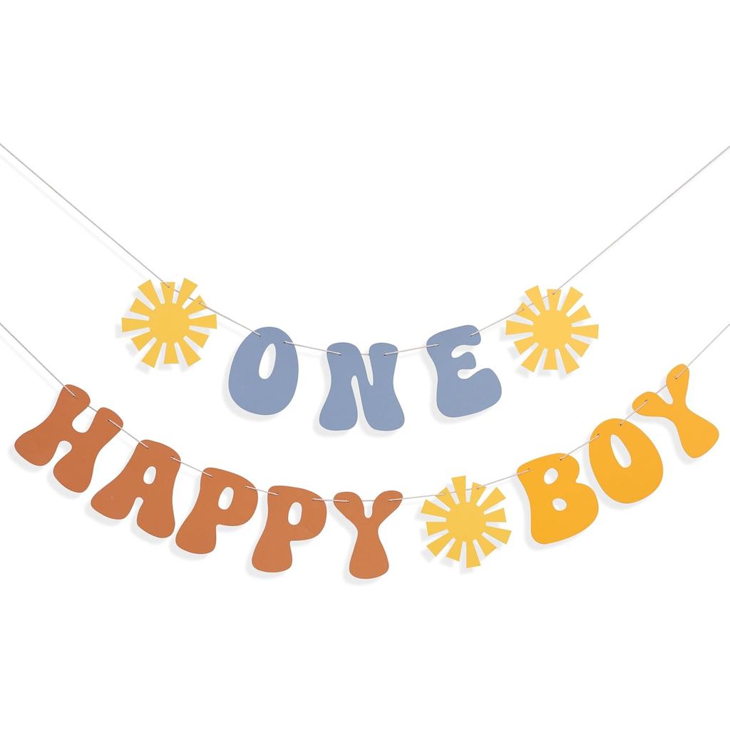 One Happy Boy Banner - ตกแต่งงานเลี้ยงวันเกิดครั้งแรกซันไชน์ ทริปแรกรอบพวงมาลัยดวงอาทิตย์, อุปกรณ์พว