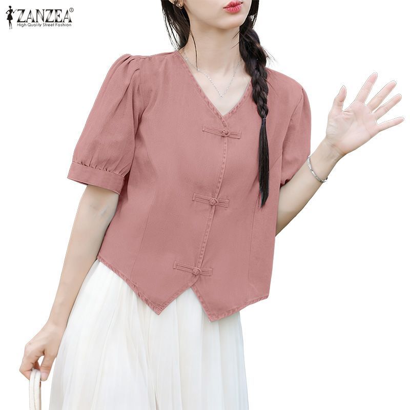 ZANZEA เสื้อผ้าสไตล์เกาหลีสำหรับผู้หญิง ดีไซน์ V-neck แขนฟองกบ กะทัดรัดในแบบวินเทจ