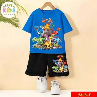 [COD]New!!!*2026-ชุดเด็กชายสนุกๆ ลายไดโนเสาร์หลายสายพันธุ์รอบภูเขาไฟ | เสื้อ+กางเกงขาสั้น ใส่สบาย คุณภาพดี | Dinosaur Vo