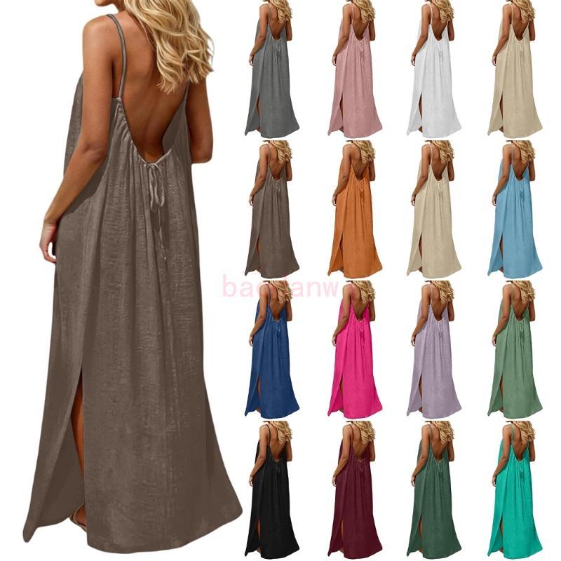 BDW ชุดเดรสคล้องคอเปลือยหลังสําหรับผู้หญิงสีทึบฤดูร้อนวันหยุดเชือกแขวนคอเดรสยาวคล้องคอผ่า