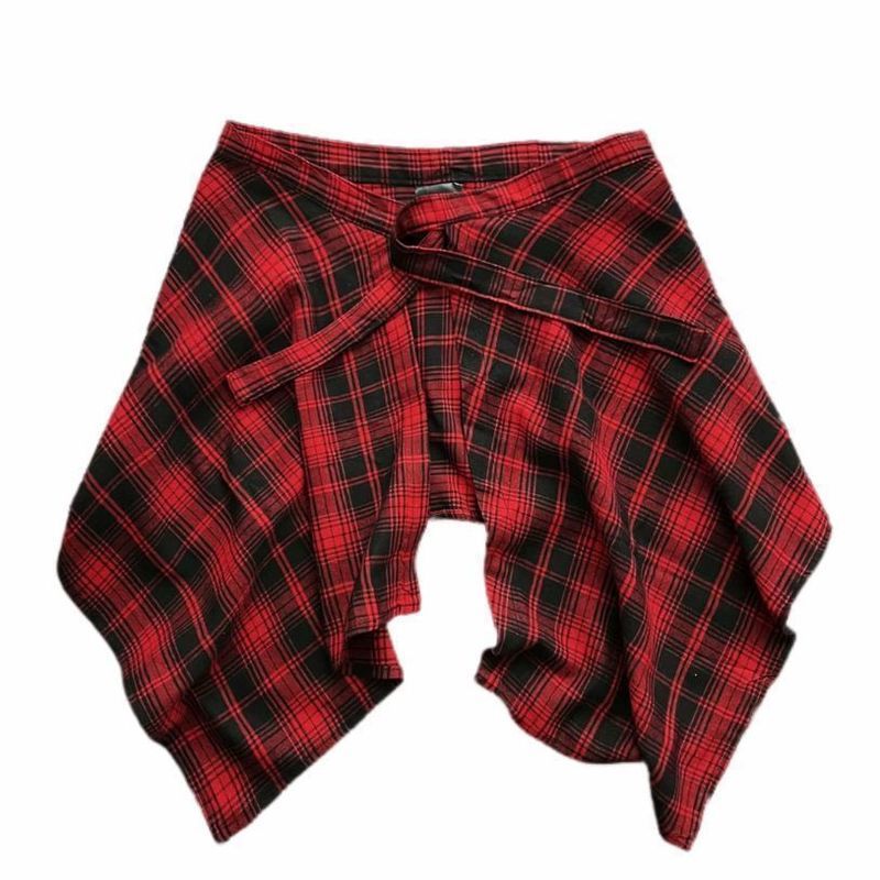 High Street Hem Punk ลายสก๊อตผ้าม่าน Hem Tie เอวกระโปรงตกแต่งชายอินเทรนด์ Butt ผ้าม่านชั้น Hem ด้านใน Match หญิง