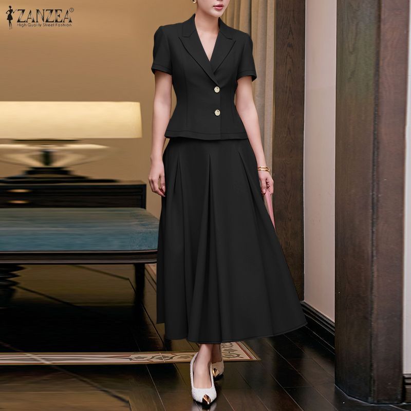 ZANZEA ชุดทำงานสำหรับผู้หญิงสไตล์เกาหลี ดีไซน์ notch lapel แขนสั้น แบบซิปเดียว pleats ทรง A-line — صورة 4