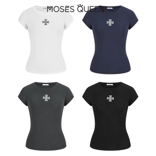 MOSESQUEEN ชุดลำลองคอกลมแขนสั้นสำหรับผู้หญิง สวมใส่สบาย มีหลากหลายสีให้เลือก #63579