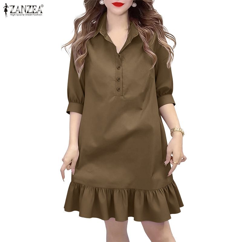 ZANZEA ชุดสำนักงานสไตล์เกาหลี สไตล์เรียบหรู กระดุมปุ่มพับ แขนสามส่วน และขอบกระโปรงระบาย — صورة 6