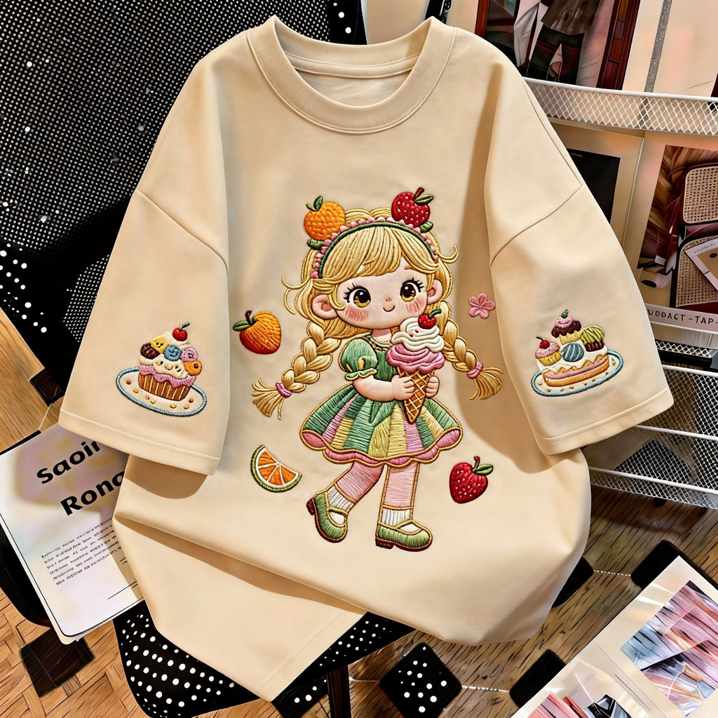 TEE·SHOP🍀เสื้อยืด oversize เสื้อเท่ๆ เกาหลี "Cake Girl" เสื้อแฟชั่นใ เกาหลีสไตล์ พิมพ์ลาย ผ้านิ่มใส่สบาย COD