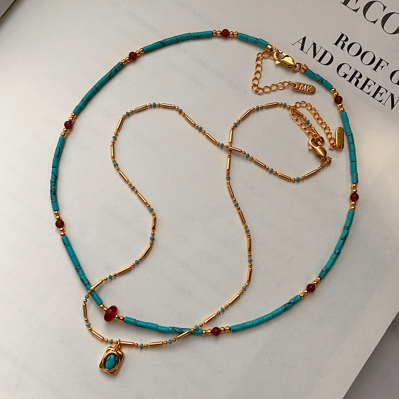 2026 Onyx Turquoise Beaded สร้อยคอผู้หญิง Overlopping สวมสร้อยคอสั้น