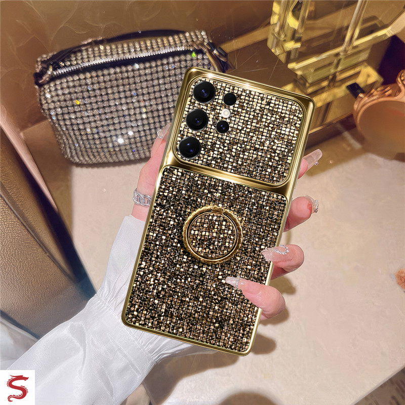 ปลอก Samsung S26 Ultra S25 Ultra S24 Ultra S23 FE แฟชั่นหรูหราทอง Glitter ลายสก๊อตผู้ถือแหวนกันกระแทกเคสโทรศัพท์