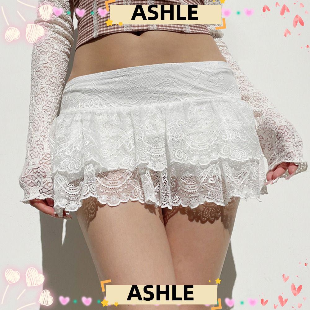 กระโปรงASHLE Lace Up Ruffles แบบสอง겹ปักลายดอกไม้ ดีไซน์เหมาะสำหรับ STREETWEAR สามารถแมทช์ได้กับกางเกงยีนส์