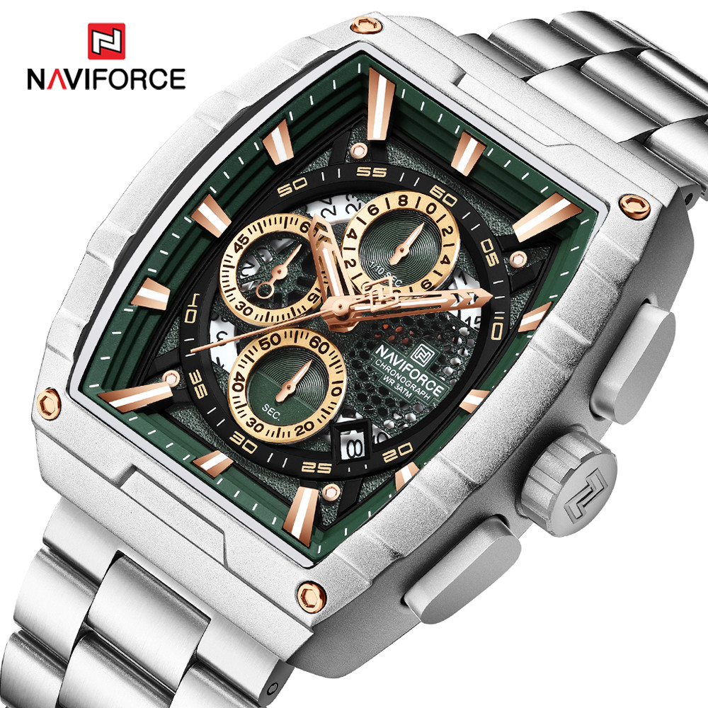 NAVIFORCE NF8066 นาฬิกาควอทซ์โครโนกราฟหรูหราสําหรับผู้ชายแฟชั่น Tonneau นาฬิกาสแตนเลส Man