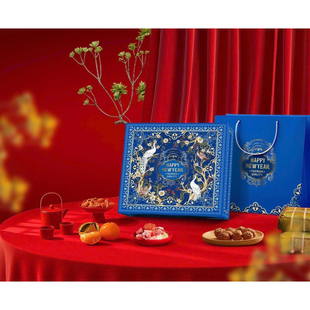 กล่องของขวัญ Tet แบบแข็งคุณภาพสูงพร้อมตัวล็อคแม่เหล็ก มีหูหิ้วสแตนเลสและกระเป๋าถือ-KHAI PHUC XANH (ข