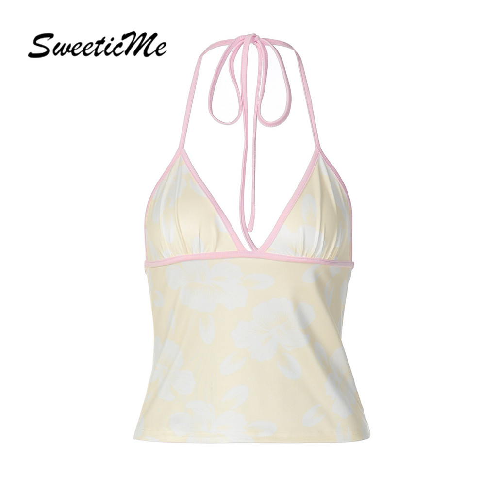 เสื้อสตรีแฟชั่นเซ็กซี่คอวี พิมพ์ลายดอกไม้ Halter camisole