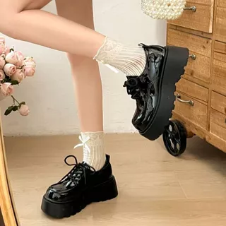 One for all พร้อมส่งจากไทย TX774 รองเท้าหนังเเพลตฟอร์ม แบบผูกเชือก หนา2.5นิ้ว หนังพียู สไตล์อังกฤษ สำหรับผู้หญิง