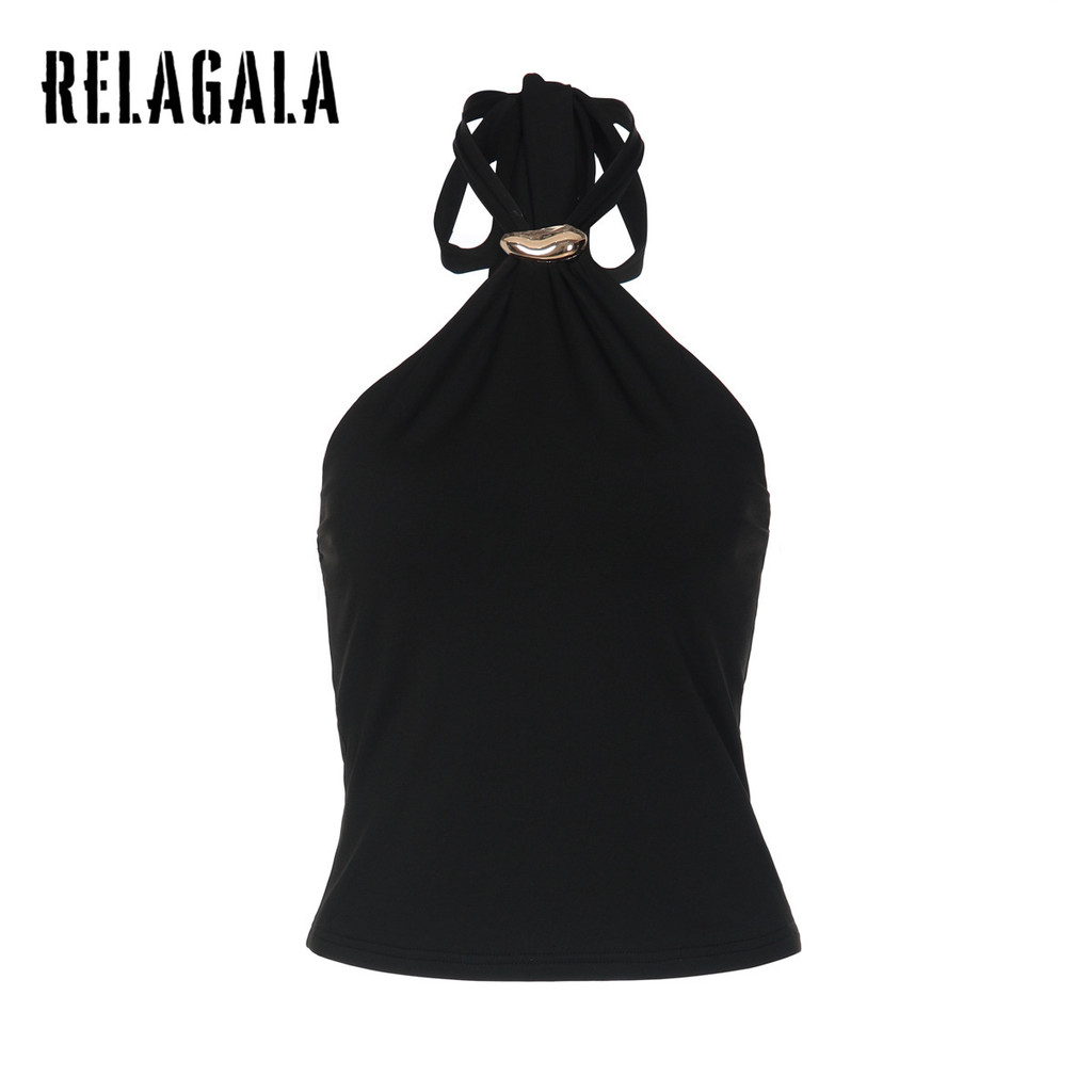 RELAGALA เสื้อชั้นในสตรี ดีไซน์ทันสมัย โลหะตกแต่งและเชือกแขวนคอ พร้อมสีทึบสวยงาม