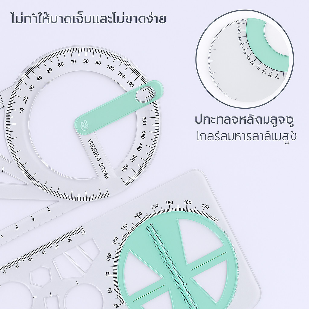 ✅ไม้บรรทัดเรขาคณิตอเนกประสงค์ ✅ หมุนได้ วาดวงกลม วัดมุม/แม่แบบพลาสติก PP/ สำหรับนักเรียนประถม-มัธยมและสำนักงาน✨ส่งฟรี TH - รูปที่ 2