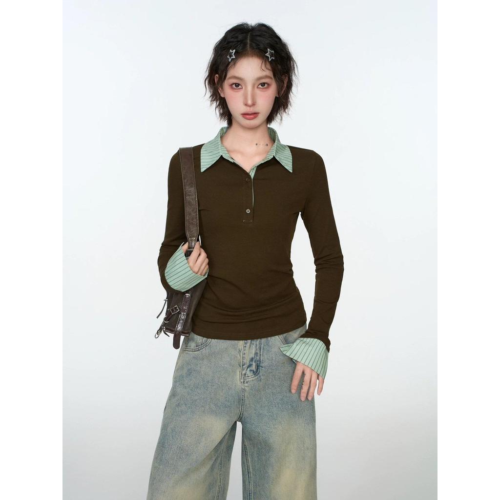 Bentoy พร้อมส่งในไทย( 3368 ) เสื้อยืดแขนยาว คอปกแบบโปโล ลายขวางเลเยอร์ปลอมฟิตกระชับ รูปที่ 5