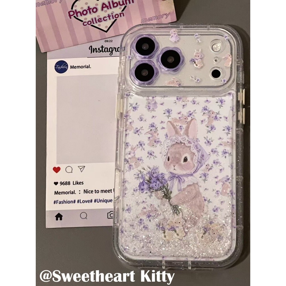 เคสโทรศัพท์ Glitter Quicksand ดอกไม้สีม่วงรูปแบบกระต่าย Matte Shell สําหรับ IPhone 17 Pro Max 16 Pro 15 14 Pro